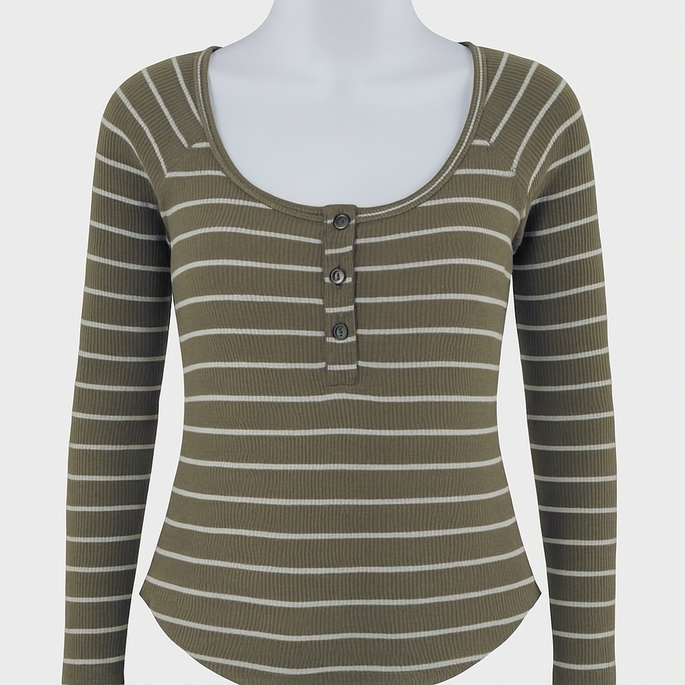 ModCloth Fervour Shirt Womens Medium Olive White Striped Henley Stretch USA